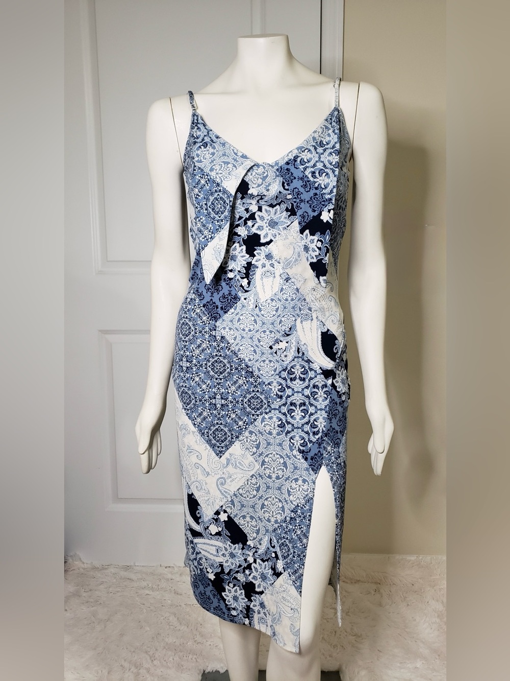 Honey&Sparkle Blue Patchwork Print Midi Adjustable Strap Dress With Side Slit